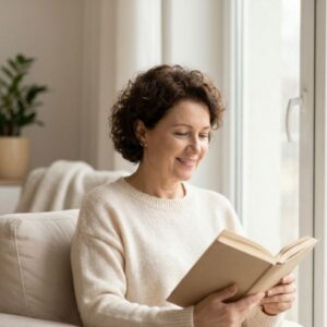 woman reading a book in a comfortable home