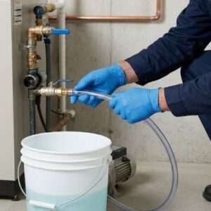 hand holding hose above bucket