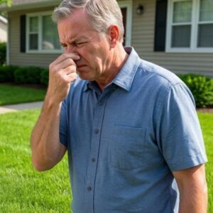 man holding nose due to smell outside