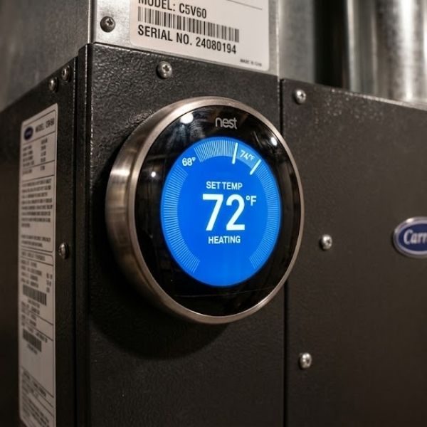 A close-up 1:1 photograph in a utility room focusing on a hand adjusting a capacity dial on a water heater unit.