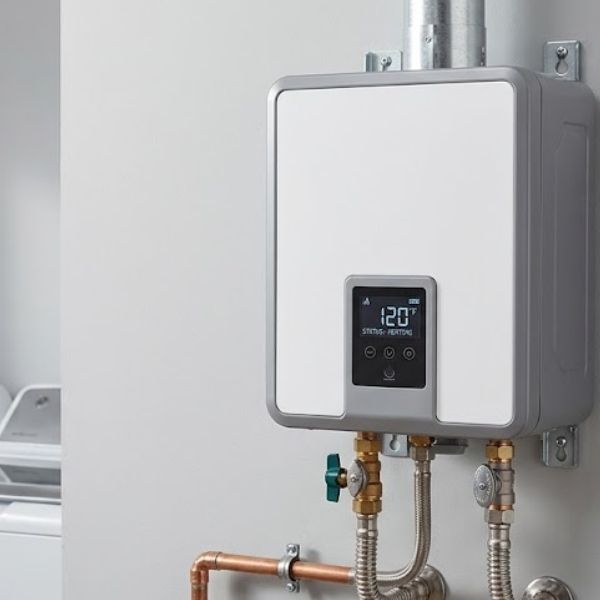compact, wall-mounted tankless water heater