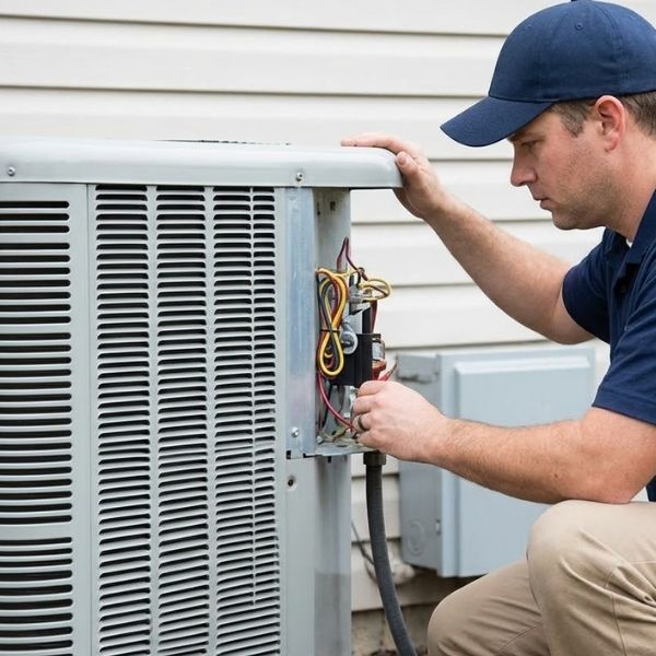 An HVAC technician in a uniform inspects an outdoor AC condenser unit.