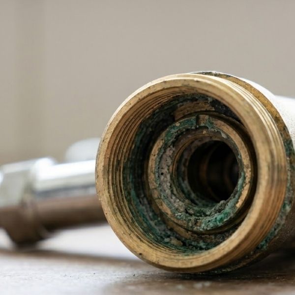photograph of a corroded brass faucet valve seat
