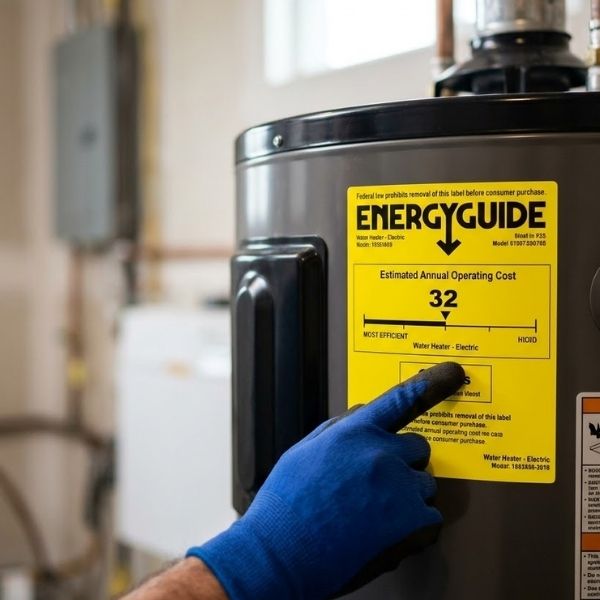 a technician's hand points toward the official yellow energy guide sticker on a water heater