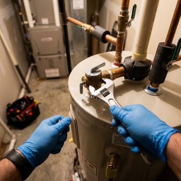 a technician's viewpoint showing them using a wrench to inspect the pressure relief valve on a water heater