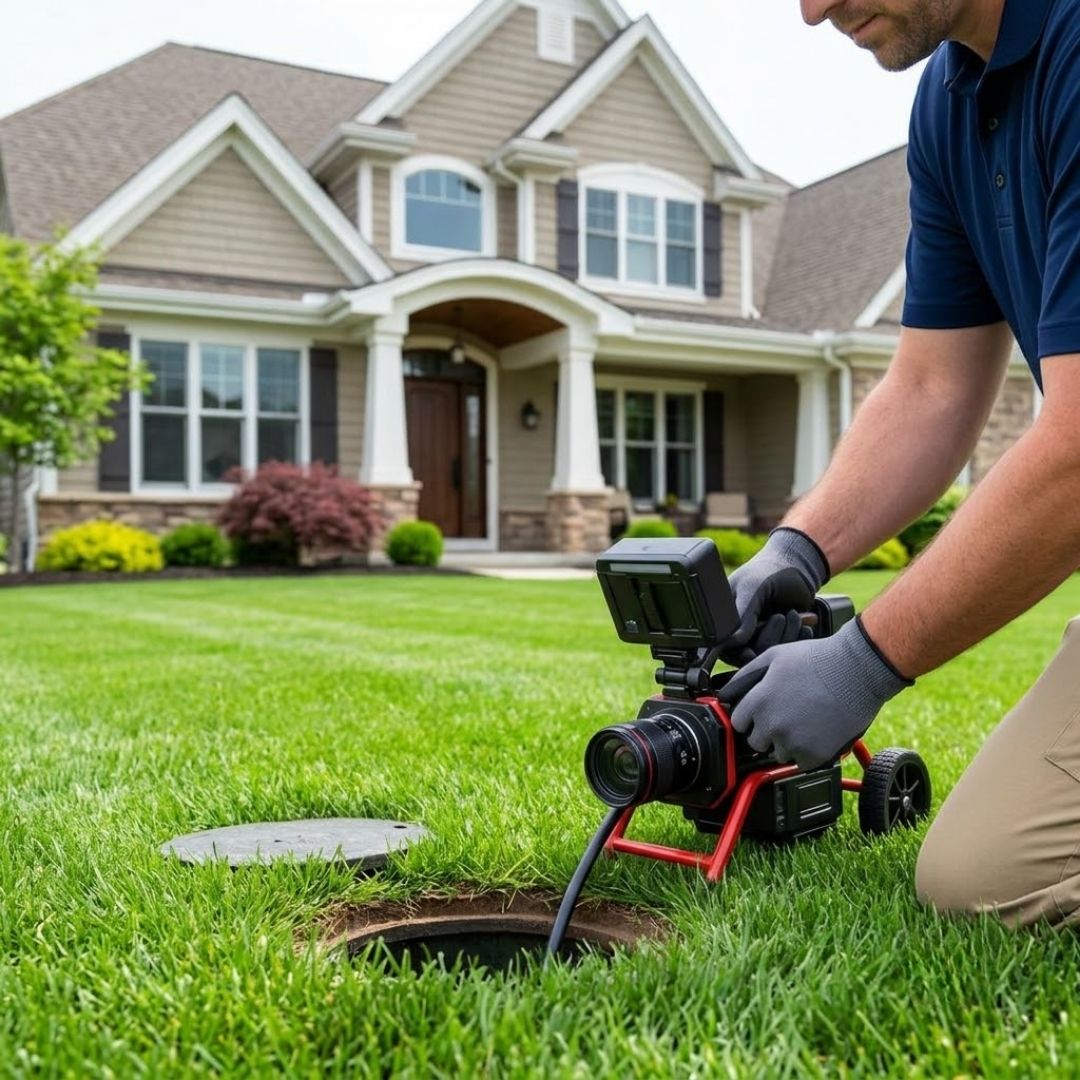 A plumbing professional operates a sewer camera at a minimal access point on a perfectly manicured residential lawn.