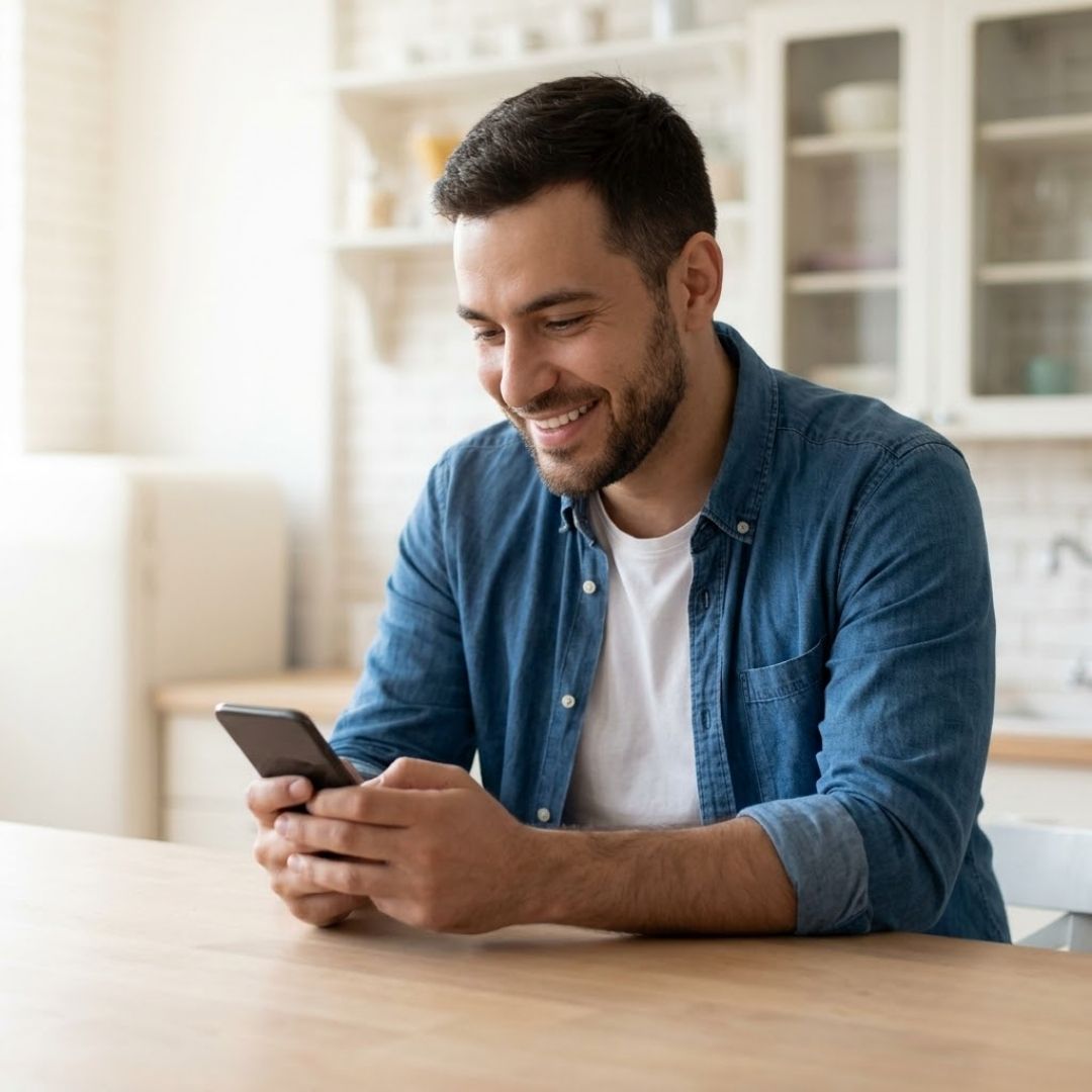 A homeowner smiles while reviewing a cost-effective digital service invoice on their smartphone in a modern kitchen.