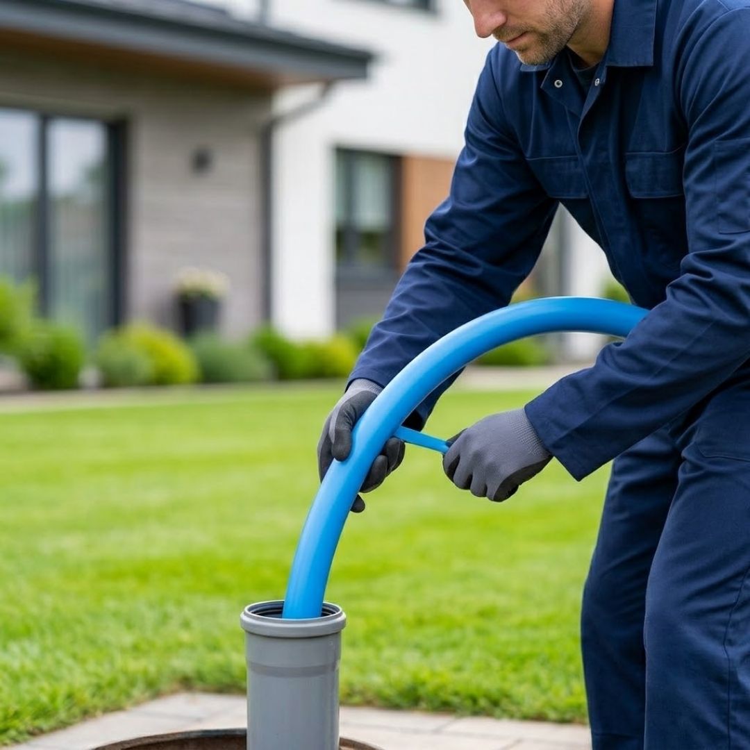 A technician feeds a seamless blue pipe liner into an access pipe.