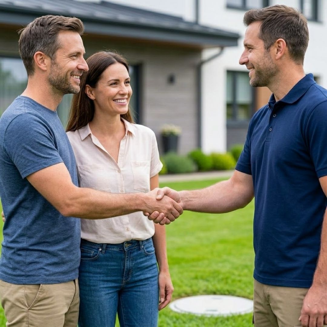 Two smiling homeowners shake hands with a technician on a pristine lawn, near a completed access point.