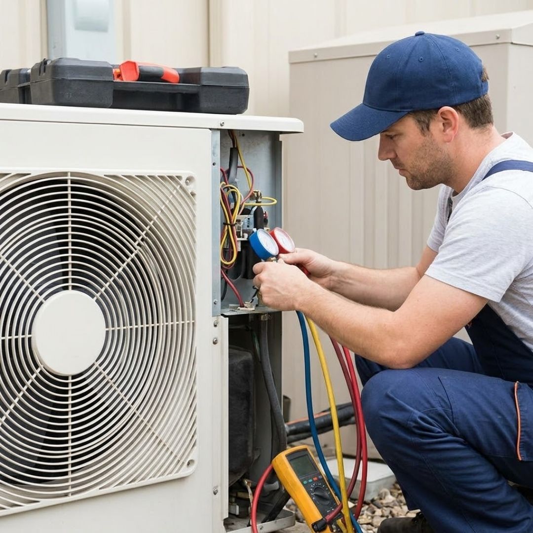 An HVAC technician in a uniform services an outdoor air conditioning condenser unit.
