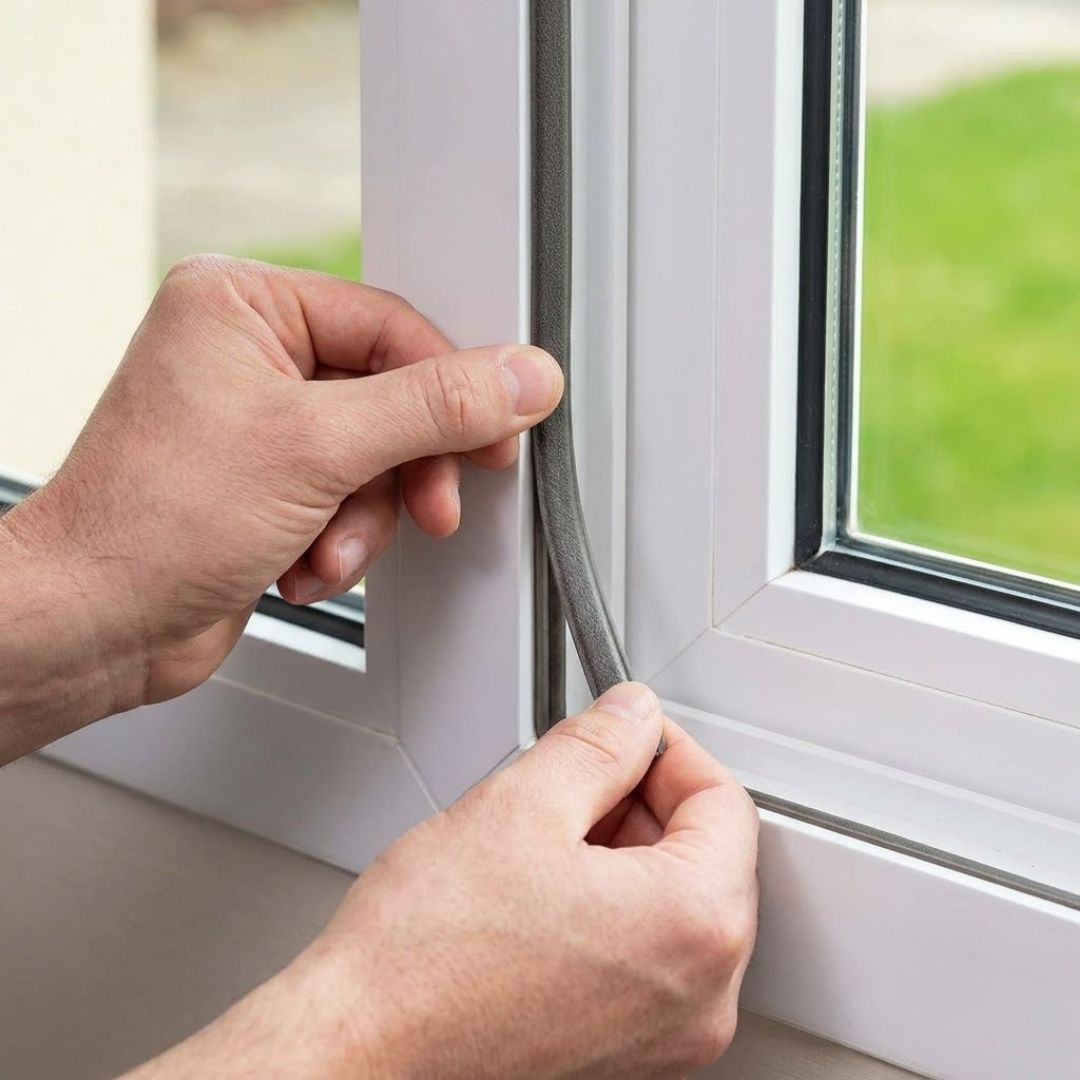 A close-up view of hands applying grey adhesive weatherstripping to a residential window frame.