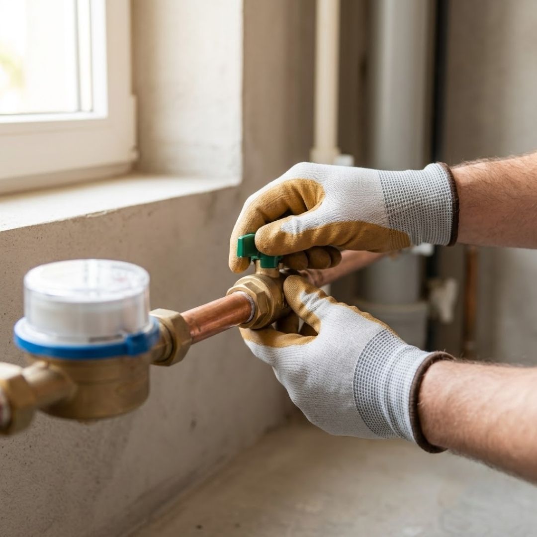 Hands gently gripping a residential main water shut-off valve