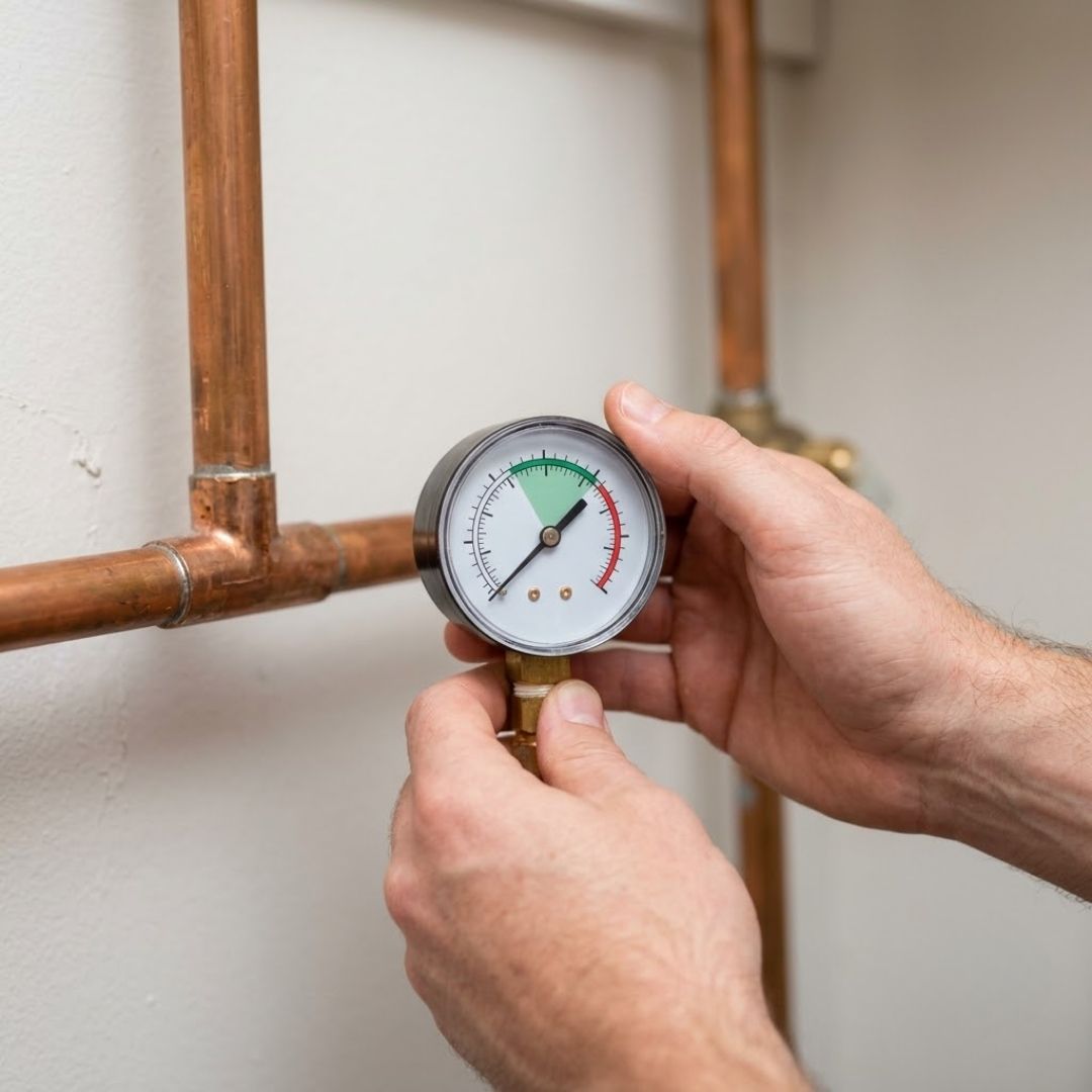 Hands holding a water pressure gauge on a residential pipe