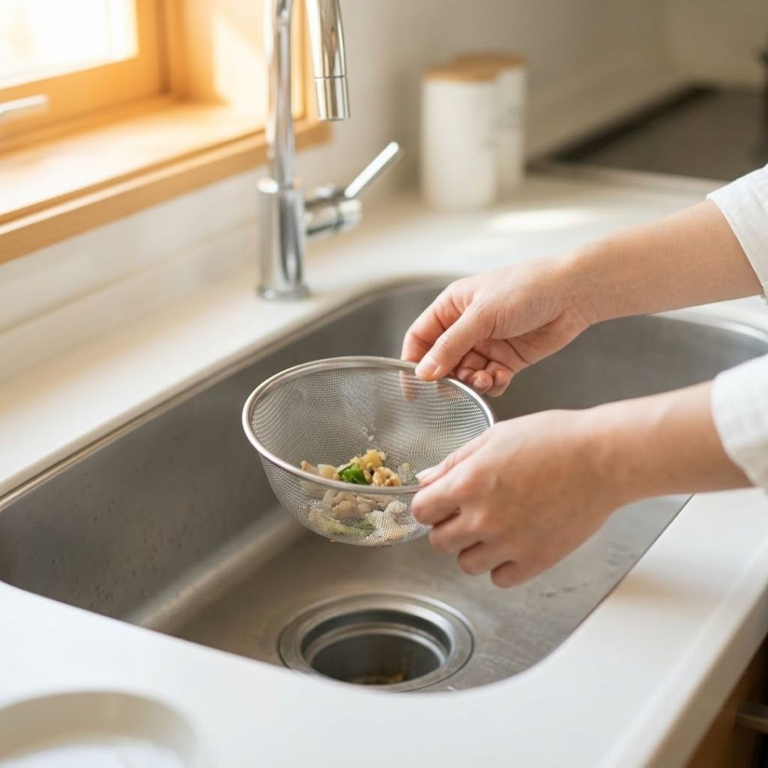 Hands clearing debris from a kitchen sink strainer