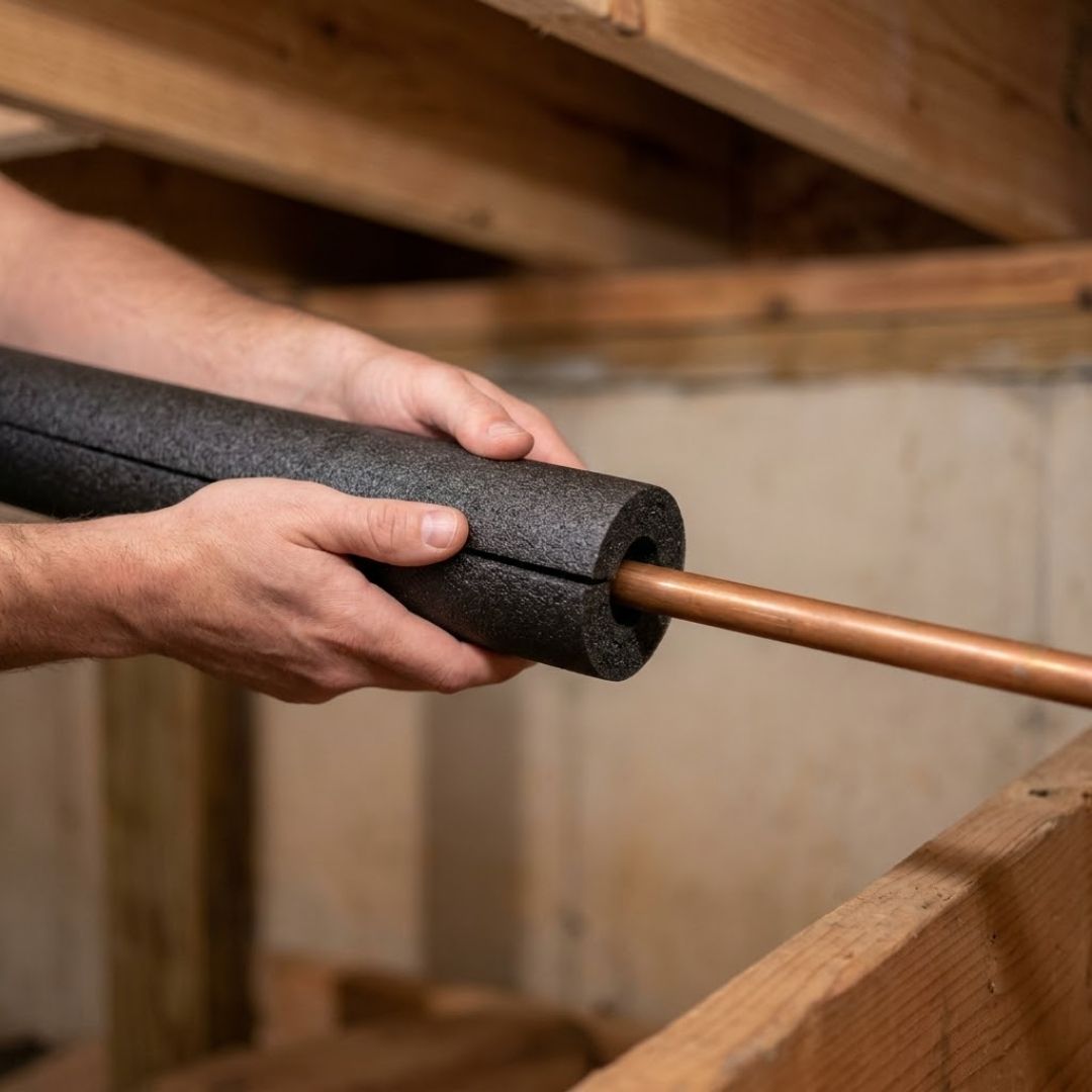 Hands applying foam insulation sleeve to copper pipe