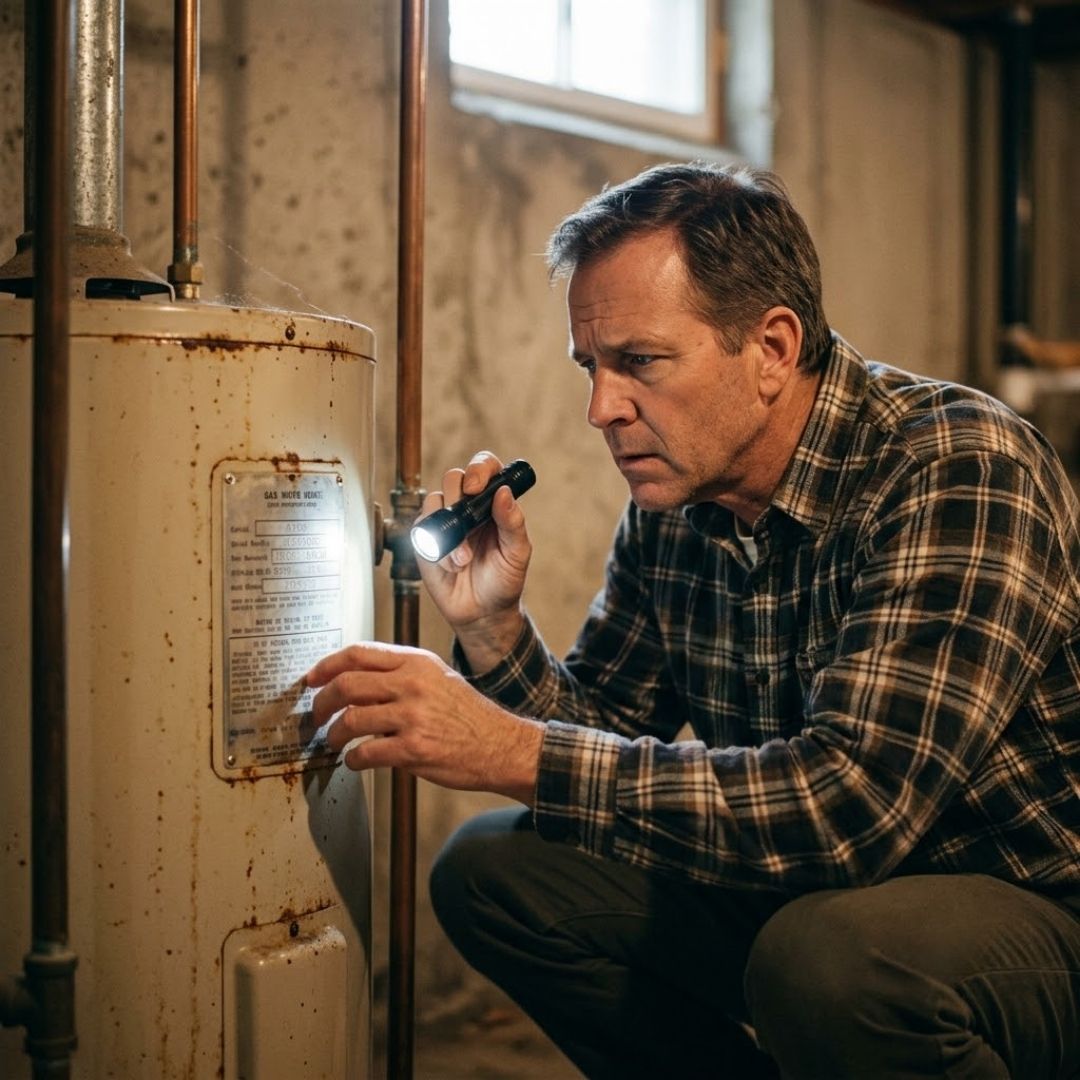 A man using a flash light to check the date on his water heater