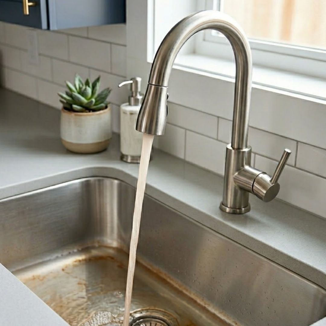 A kitchen sink with slightly rusty water running from it.