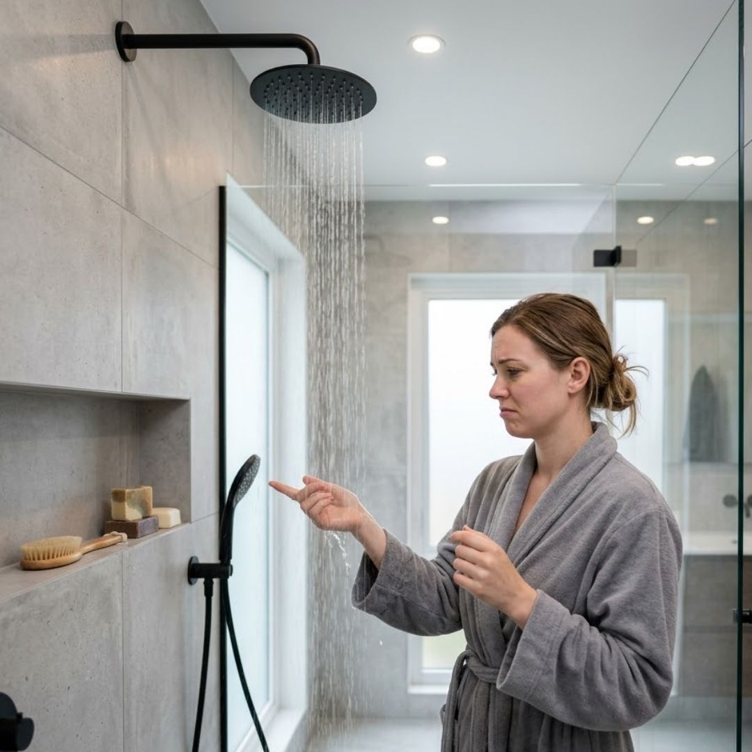 A woman in a robe testing the water temperature of her shower.
