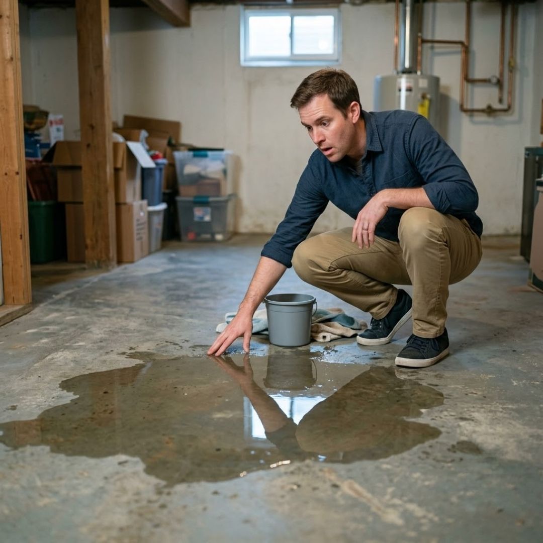 A man finding a puddle of water in his basement